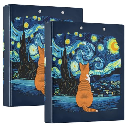 Ringbuch mit 3 Ringen, Orange, Katze, Sternennacht, D-Ringbücher mit Klemmbrett, große 3-Ringbücher für Schule, Uni, Büro, 2 Stück von RPLIFE
