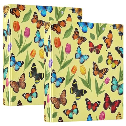 Ringbuch mit 3 Ringen, bunte Schmetterlinge, Tulpen, Gelb, D-Ringbücher mit Klemmbrett, große 3-Ringbücher für Schule, Uni, Büro, 2 Stück von RPLIFE