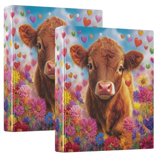 Ringbuch mit 3 Ringen, niedliches Hochlandkuh, Blumen, Feld, D-Ringbuch mit Klemmbrett, große 3-Ringbücher für Schule, Uni, Büro, 2 Stück von RPLIFE