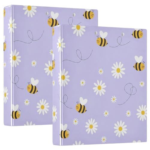 Ringbuch mit 3 Ringen, weiße Gänseblümchen, niedliche Bienen, violett, D-Ringbuch mit Taschen, große 3-Ringbücher für Schule, Uni, Büro, 2 Stück von RPLIFE