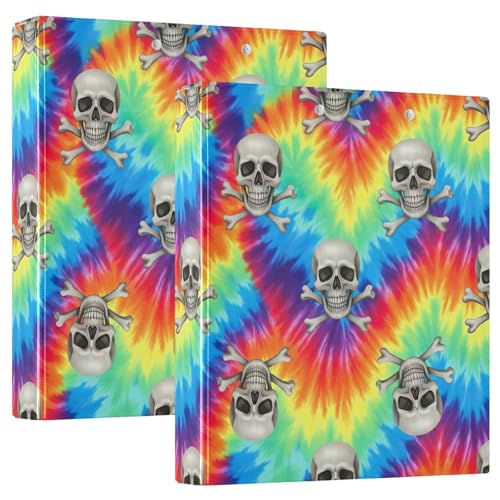 Skulls Vibrant Rainbow Tie Dye Drei-Ringbuch, flexibler D-Ringordner mit Taschen, 3-Ringbücher für Schule, Uni, Büro (2 Stück) von RPLIFE