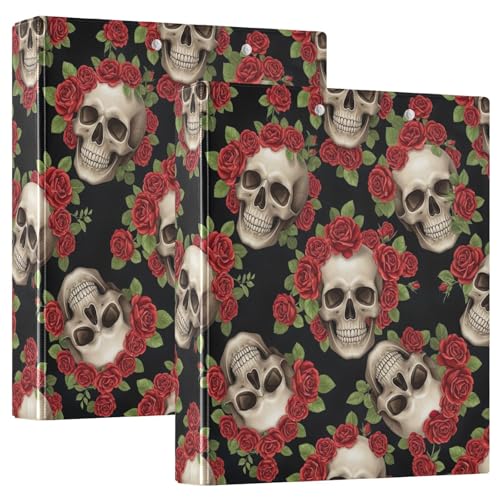 Skulls Vibrant Red Roses Drei-Ringbuch 3,8 cm, flexibler D-Ringordner mit Taschen, 3-Ringbücher für Schule, Uni, Büro von RPLIFE