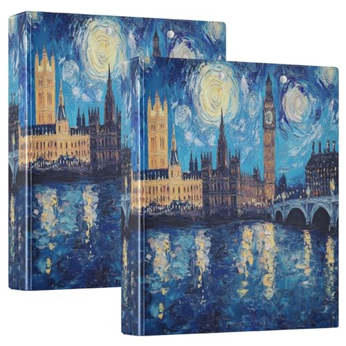 Starry Night London Drei-Ringbuch, flexibler D-Ringordner mit Taschen, 3-Ringbücher für Schule, Uni, Büro (2 Stück) von RPLIFE