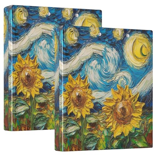 Sternennacht-Sonnenblumen-3-Ringbuch, 3,8 cm, flexibler D-Ringordner mit Taschen, 3-Ringbücher für Schule, Uni, Büro (2 Stück) von RPLIFE