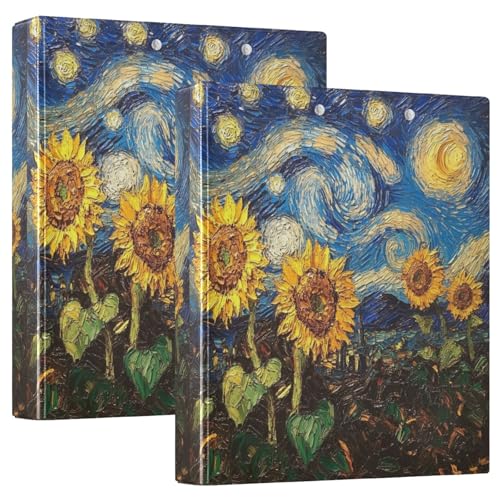 Sternennacht Sonnenblumen 3-Ringbuch, flexibler D-Ringordner mit Taschen, 3-Ringbücher für Schule, Uni, Büro von RPLIFE