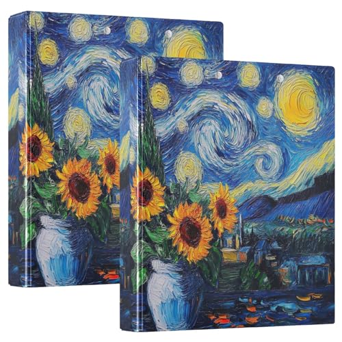 Sternennacht-Sonnenblumen-Blau, 3,8 cm, 3-Ringbuch, flexibler D-Ringordner mit Taschen, 3-Ringbücher für Schule, Uni, Büro von RPLIFE