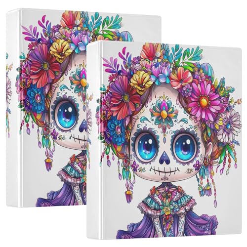 Süßer weiblicher Sugar Skull 3-Ringbuch 3 Zoll, flexibler D-Ringordner mit Taschen, 3-Ringbücher für Schule, Uni, Büro (2 Stück) von RPLIFE