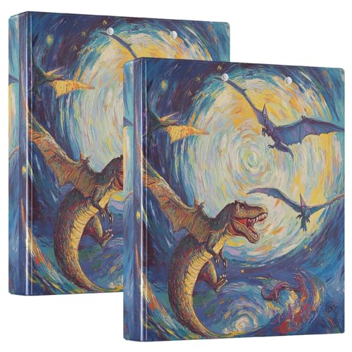 T Rex Chasing Pterodactyls Sternennacht, 3,8 cm, D-Ringbuch mit Taschen, dekorative Ordner für Schule, Uni oder Büro, 2 Stück von RPLIFE