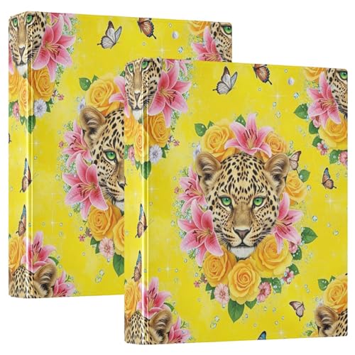 Verspieltes Leopardenmuster, grüne Augen, Gelb, 3,8 cm, flexibler D-Ringordner mit Taschen, 3-Ringbücher für Schule, Uni, Büro (2 Stück) von RPLIFE