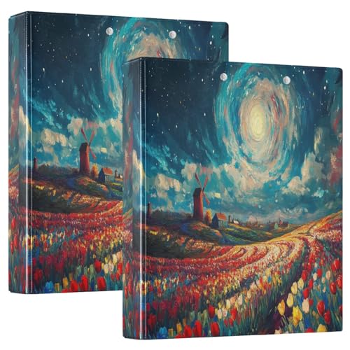 Vibrant Tulip Field Moonlight 3-Ringbuch 1,5 Zoll, flexible D-Ringbücher mit Taschen, 3-Ringbücher für Schule, Uni, Büro von RPLIFE