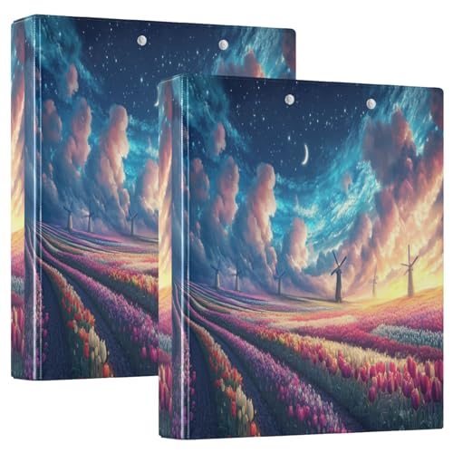 Vibrant Tulip Field Moonlight Drei-Ringbuch, flexibler D-Ringordner mit Taschen, 3-Ringbücher für Schule, Uni, Büro (2 Stück) von RPLIFE