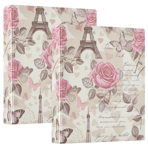 Vintage Eiffelturme Pink Roses Drei-Ringbuch 3,8 cm, flexible D-Ringbücher mit Taschen, 3-Ringbücher für Schule, Uni, Büro (2 Stück) von RPLIFE