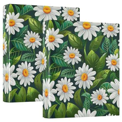 Weißes Gänseblümchen, grüne Blätter, 3,8 cm, 3-Ringbuch, flexibler D-Ringordner mit Taschen, 3-Ringbücher für Schule, Uni, Büro (2 Stück) von RPLIFE