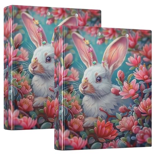 Weißes Kaninchen, rosa Blumen, 3,8 cm, 3-Ringbuch, flexibler D-Ringordner mit Taschen, 3-Ringbücher für Schule, Uni, Büro von RPLIFE