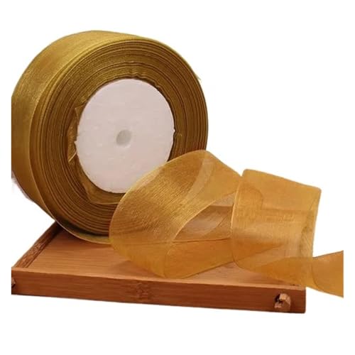 Geschenkbänder 12/15/20/25/40/50 mm (100 Yards) Organza-Fleckenband, DIY-Handwerk, Hochzeit, for Party-Dekoration, Kuchenschleife, Verpackungsband(Dark gold,12mm organza ribbon) von RRYPBOVG