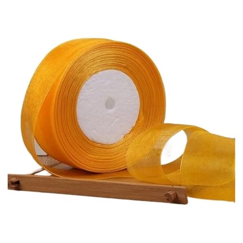 Geschenkbänder 12/15/20/25/40/50 mm (100 Yards) Organza-Fleckenband, DIY-Handwerk, Hochzeit, for Party-Dekoration, Kuchenschleife, Verpackungsband(Golden,12mm organza ribbon) von RRYPBOVG