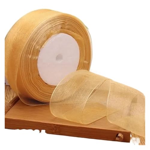 Geschenkbänder 12/15/20/25/40/50 mm (100 Yards) Organza-Fleckenband, DIY-Handwerk, Hochzeit, for Party-Dekoration, Kuchenschleife, Verpackungsband(In gold,15mm organza ribbon) von RRYPBOVG