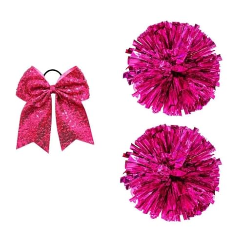 RRYPBOVG Cheerleader Pompons Cheer Pompoms und Schleifen Metallic Cheerleading Pompoms Weihnachten Cheer Haarschleifen(Rose Red) von RRYPBOVG
