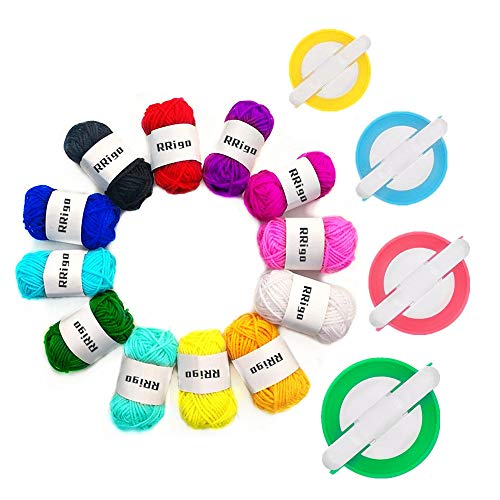 RRigo Pom Pom Maker, 4 Größen Fluff Ball Weaver Nadel Pompom Maker Sets-DIY Pompoms Handwerk Puppe Making Kits, Pom-Pom Maker Knitting Loom + 12Pcs Acrylgarn(16) von RRigo