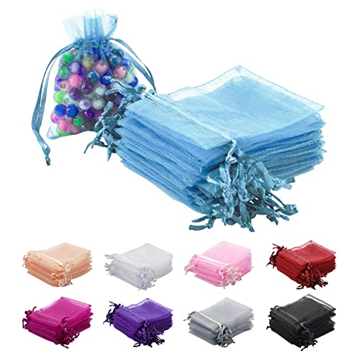 RSXING 100 Stück Kleine Organzasäckchen, 7 * 9cm Schmuckbeutel Farbe Organza Taschen mit Kordelzug Geschenkbeutel für Hochzeiten Partys Weihnachten Lavendelsäckchen Geschenk Schmuckbeut（blau） von RSXING