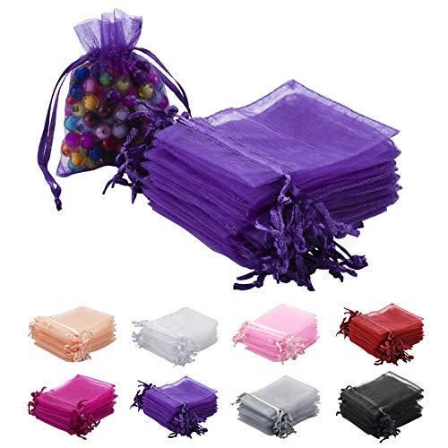 RSXING 100 Stück Kleine Organzasäckchen, 7 * 9cm Schmuckbeutel Farbe Organza Taschen mit Kordelzug Geschenkbeutel für Hochzeiten Partys Weihnachten Lavendelsäckchen Geschenk Schmuckbeute（Violett） von RSXING