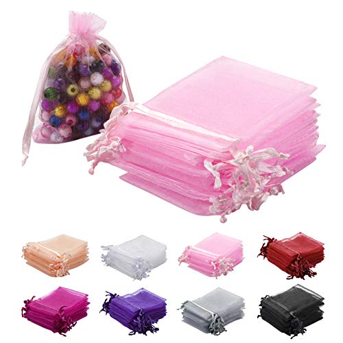 RSXING 100 Stück Kleine Organzasäckchen, 7 * 9cm Schmuckbeutel Farbe Organza Taschen mit Kordelzug Geschenkbeutel für Hochzeiten Partys Weihnachten Lavendelsäckchen Geschenk Schmuckbeutel （Rosa） von RSXING