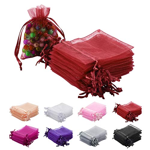 RSXING 100 Stück Kleine Organzasäckchen, 7 * 9cm Schmuckbeutel Farbe Organza Taschen mit Kordelzug Geschenkbeutel für Hochzeiten Partys Weihnachten Lavendelsäckchen Geschenk Schmuckbeutel ​(rot) von RSXING