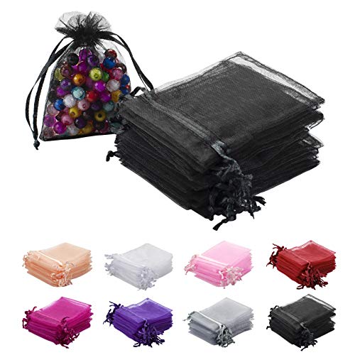 RSXING 100 Stück Kleine Organzasäckchen, 7 * 9cm Schmuckbeutel Farbe Organza Taschen mit Kordelzug Geschenkbeutel für Hochzeiten Partys Weihnachten Lavendelsäckchen Geschenk Schmuckbeutel （Schwarz） von RSXING