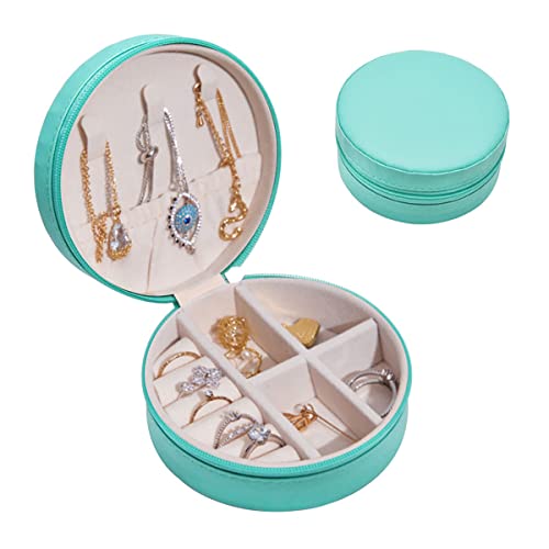 RT&BS Kleines Reise-Schmuckkästchen, rund, Mini-Reise-Schmuckschatulle für Damen und Mädchen, Osterkorb-Füllung für Männer, Frauen, Mädchen (Cyanblau) von RT&BS