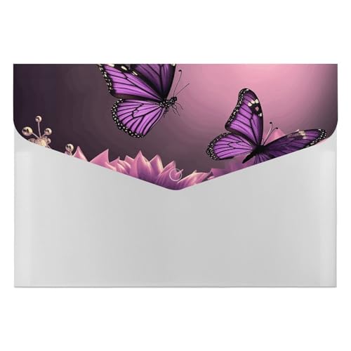 Aktenordner aus Kunststoff, 3D-Blumen und violetter Schmetterling, bedruckt, Briefform, tragbare Ordner, 6 Fächer, Organizer für Zuhause und Büro von RTBKLYQ