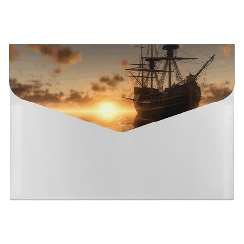 Aktenordner aus Kunststoff, Motiv: Schiff im Sonnenuntergang, bedruckt, Briefgröße, tragbare Ordner, 6 Fächer, Organizer für Zuhause und Büro von RTBKLYQ