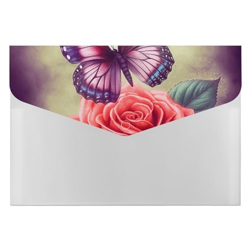 Aktenordner aus Kunststoff, Motiv: Schmetterling und Rose, bedruckt, Briefgröße, tragbare Ordner, 6 Fächer, Organizer für Zuhause und Büro von RTBKLYQ