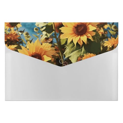 Aktenordner aus Kunststoff, Motiv: Sonnenblumen und Schmetterlinge, bedruckt, Briefgröße, tragbare Ordner, 6 Fächer, Organizer für Zuhause und Büro von RTBKLYQ