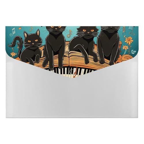 Aktenordner aus Kunststoff, vier schwarze Katzen, die auf der Klaviertastatur liegen, bedruckte Aktenordner, Briefgröße, tragbare Ordner, 6 Fächer, Organizer für Zuhause und Büro von RTBKLYQ