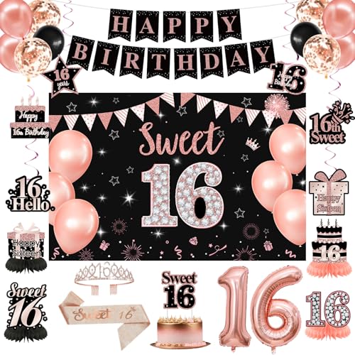 Sweet 16 Party-Dekorationen, Schwarz / Rotgold, "Happy 16th Birthday", Banner, Luftballons, Hintergrund, hängende Wirbel, süße 16 Schärpe und Tiara, Kuchendekoration, Wabendekoration, 16 Partyzubehör Sweet 16 Party-Dekorationen, Schwarz / Rotgold, "Happy 16th Birthday", Banner, Luftballons, Hintergrund, hängende Wirbel, süße 16 Schärpe und Tiara, Kuchendekoration, Wabendekoration, 16 Partyzubehör von RTHPY