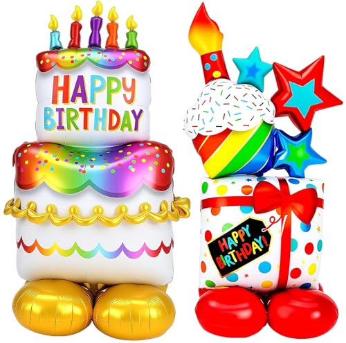 Happy Birthday Folienballon XXL + Stehender Geburtstagsballon Set – Wiederverwendbar & Groß (bis 90 cm) – 2 Stück – Für Kinder, Mädchen, Jungen & Erwachsene Geburtstag Deko von RTIOUJGI