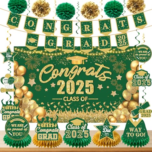 Grüne und goldene Abschlussdekorationen, Klasse 2025, Party-Dekor-Paket: Congrats Grade Banner und Abschlussfeier, Tafelaufsätze, hängende Wirbel, Seiden-Pompons, Papierblumen-Set Grüne und goldene Abschlussdekorationen, Klasse 2025, Party-Dekor-Paket: Congrats Grade Banner und Abschlussfeier, Tafelaufsätze, hängende Wirbel, Seiden-Pompons, Papierblumen-Set von RTMISA
