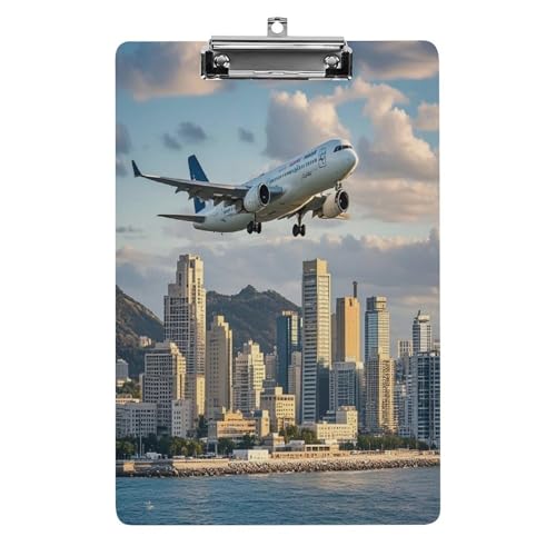 Acryl-Klemmbrett, 32,5 x 21,6 cm, lustiges Flugzeug und Stadt, Druck-Aktenbrett, niedlich, mit niedrigem Profil-Clip für Bürobedarf von RTSEBVN