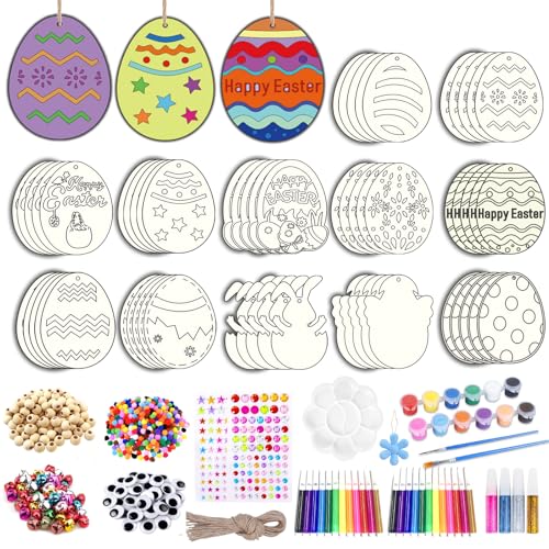 Ostern Basteln Holz, 536 Stück Holzanhänger Ostern zum Bemalen, Osterdeko Basteln Kinder Holz, DIY Anhänger Ostereier Hasen Blume Set mit Aquarellstift, Strass, Deko Schnur, Augen Zum Basteln von RTUOHUIN