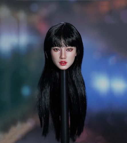 RTYBCDE 1/6 Maßstab weibliche Kopf-Skulptur, asiatisches Mädchen gebräunte Haut Kopf geschnitzt für 12-Zoll weibliche PH TBL JO Action-Figuren-Körper-Sammlung (langes schwarzes Haar) von RTYBCDE