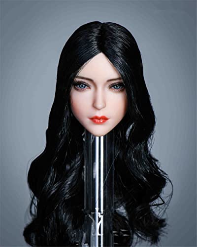 RTYBCDE 1/6 Maßstab weibliche Kopf-Skulptur, schöne asiatische Mädchen Pflanzhaar geschnitzter Kopf für 12-Zoll Action-Figuren-Körper (schwarzes lockiges Haar) von RTYBCDE