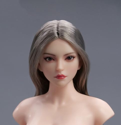 RTYBCDE 1/6 Skala weibliche Kopf-Skulptur, asiatische Mädchen, Blasses Haut, geschnitzt, bewegliche Augen, graue lockige Haare, für 12-Zoll PH TBL JO von RTYBCDE