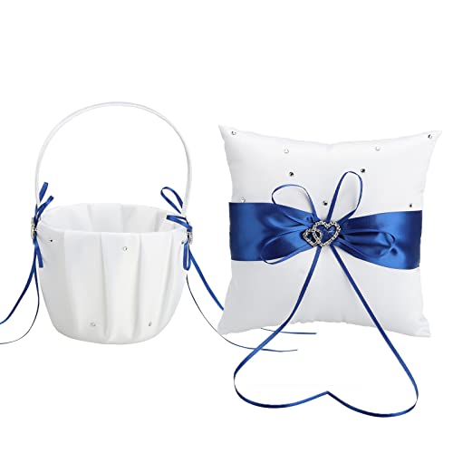 2-teiliges Hochzeitsset aus Weißem Satin, Blumenmädchen-Korb und Ringkissen-Set, Blumenkörbe aus der Satin-Kollektion mit Doppeltem Herz-Strass-Dekor für Jubiläumsfeiern, Party-Dekoration(Blau) von RTYUSWL