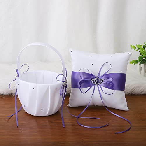2-teiliges Hochzeitsset aus Weißem Satin, Blumenmädchen-Korb und Ringkissen-Set, Blumenkörbe aus der Satin-Kollektion mit Doppeltem Herz-Strass-Dekor für Jubiläumsfeiern, Party-Dekoration(Lila) von RTYUSWL