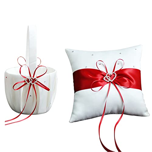 2-teiliges Hochzeitsset aus Weißem Satin, Blumenmädchen-Korb und Ringkissen-Set, Blumenkörbe aus der Satin-Kollektion mit Doppeltem Herz-Strass-Dekor für Jubiläumsfeiern, Party-Dekoration(Rot) von RTYUSWL