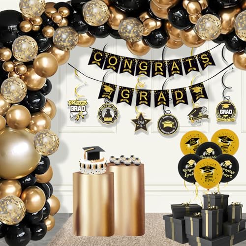 Abschlussdekorationen 2025, 106 Stück schwarz und goldfarben, Ballonbogen-Set, Congrats Grad Banner, hängende Wirbel, Ballon-Girlande für Abschluss-Party-Hintergrund von RU-X
