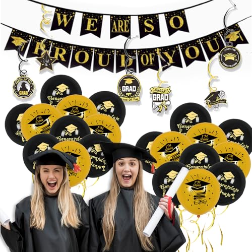 Abschlussdekorationen 2025, schwarze und goldene Abschlussballons, Banner mit Aufschrift "Proud of You", hängende Wirbel, Band für Abschluss-Party-Hintergrund Abschlussdekorationen 2025, schwarze und goldene Abschlussballons, Banner mit Aufschrift "Proud of You", hängende Wirbel, Band für Abschluss-Party-Hintergrund von RU-X