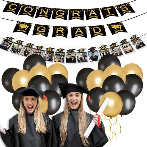 Abschlussdekorationen 2025, schwarze und goldene Luftballons, Congrats Grad-Banner, Foto-Banner, Band für Abschluss-Party-Hintergrund von RU-X