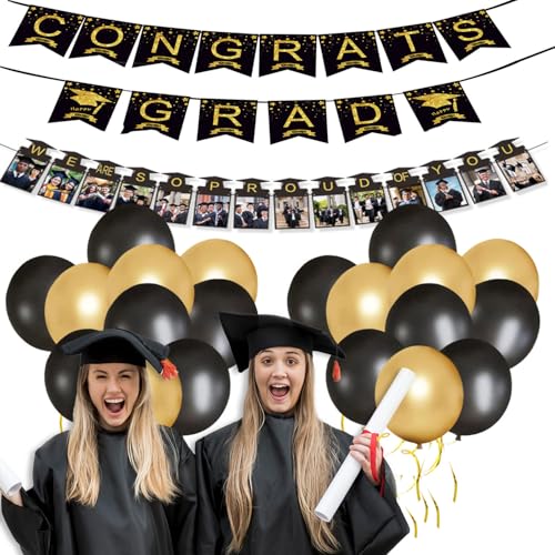 Abschlussdekorationen 2025, schwarze und goldene Luftballons, Congrats Grade Banner, Proud of You, Foto-Banner, Band für Abschluss-Party-Hintergrund Abschlussdekorationen 2025, schwarze und goldene Luftballons, Congrats Grade Banner, Proud of You, Foto-Banner, Band für Abschluss-Party-Hintergrund von RU-X