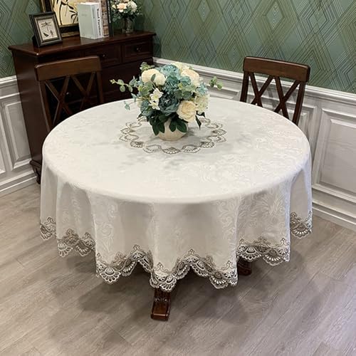 RUANLOV GroßE Tischdecke mit Spitze Rund, StrapazierfäHiger Polyester-Tischdeck, Tafeldecke Abwaschbar Jacquard Design Spitzentischdecke, für Home Hochzeit Party Hochzeitsdekor (B 200cm/79in) von RUANLOV